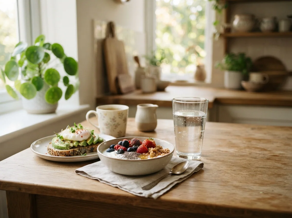 Zenith Peak Caps bottle with water and healthy breakfast on table